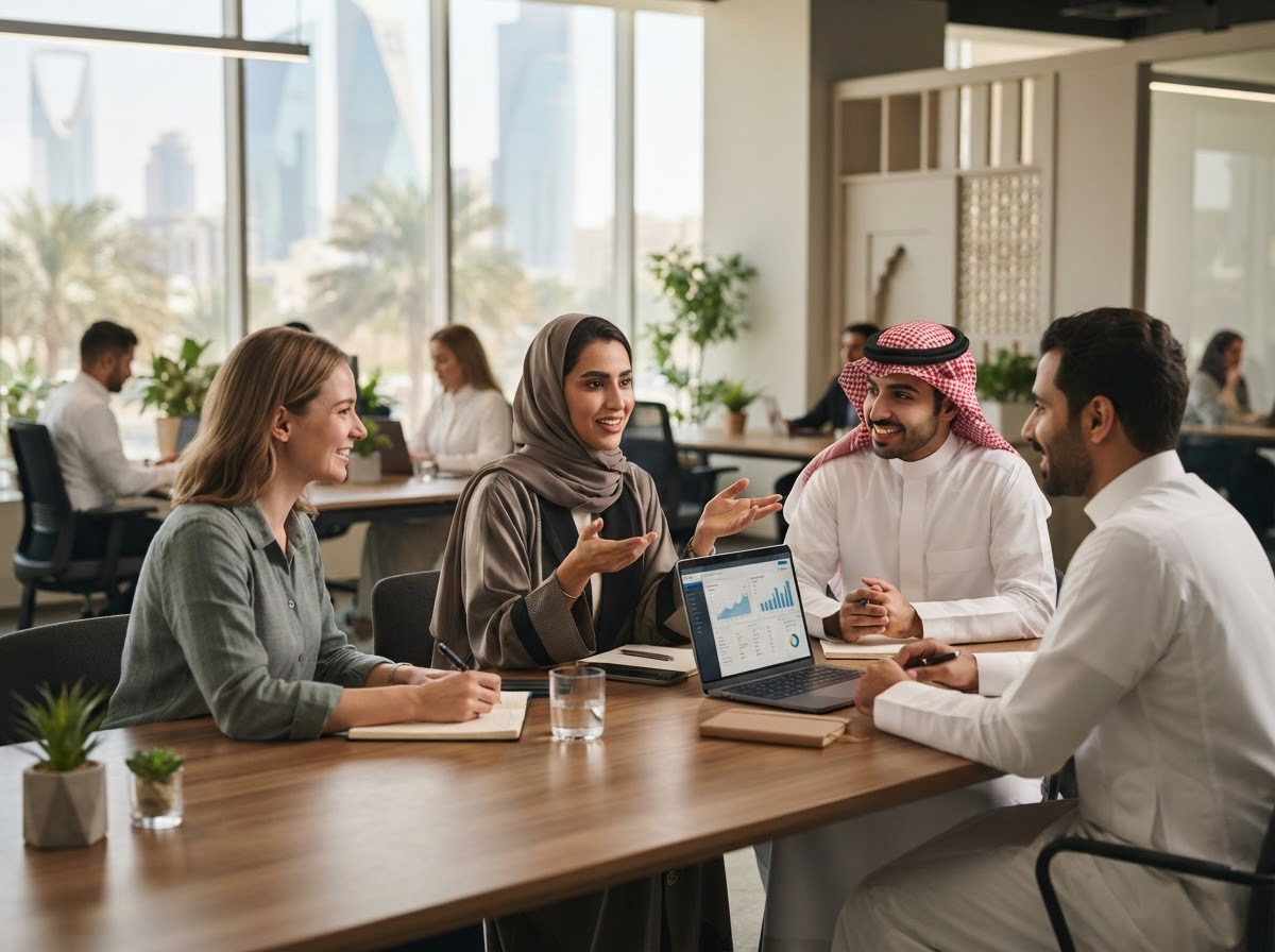 RIFD Financial فريق يحلل بيانات مالية على شاشات متعددة